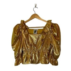 Queen of Sparkles Gold Metallic Puff Sleeve Peplum Top XS